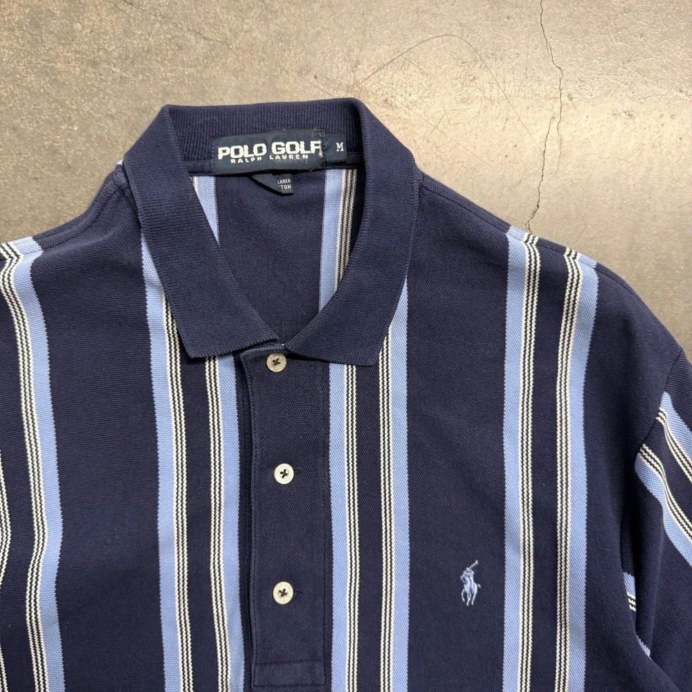Polo Golf Ralph Lauren Mens Medium Navy Striped Pique Polo Shirt Short Sleeve